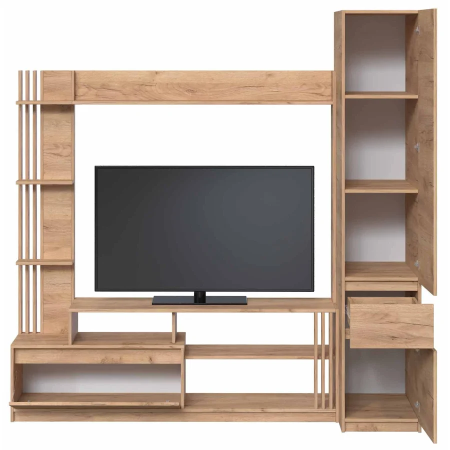 Bright TV wall, slide into the living room with a cabinet 2100 x 520 x 2000 mm, Golden Kraft Oak